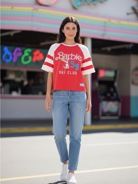 Barbie Ski Club Y2K Graphic Womens Raglan Shirt Retro Pinkcore Streetwear NEW